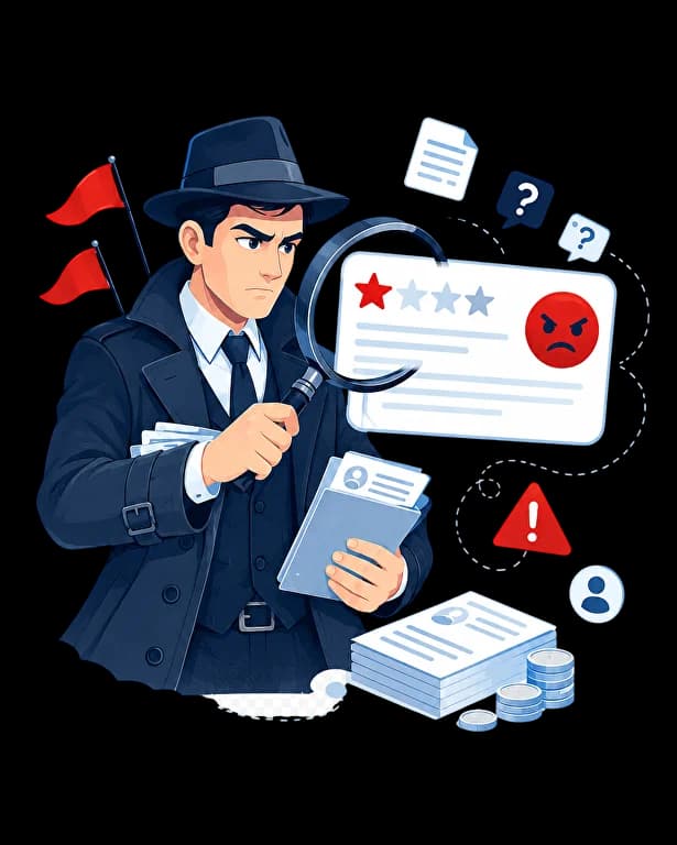 A Migrator detective with a magnifying glass checking fake reviews and negative publications