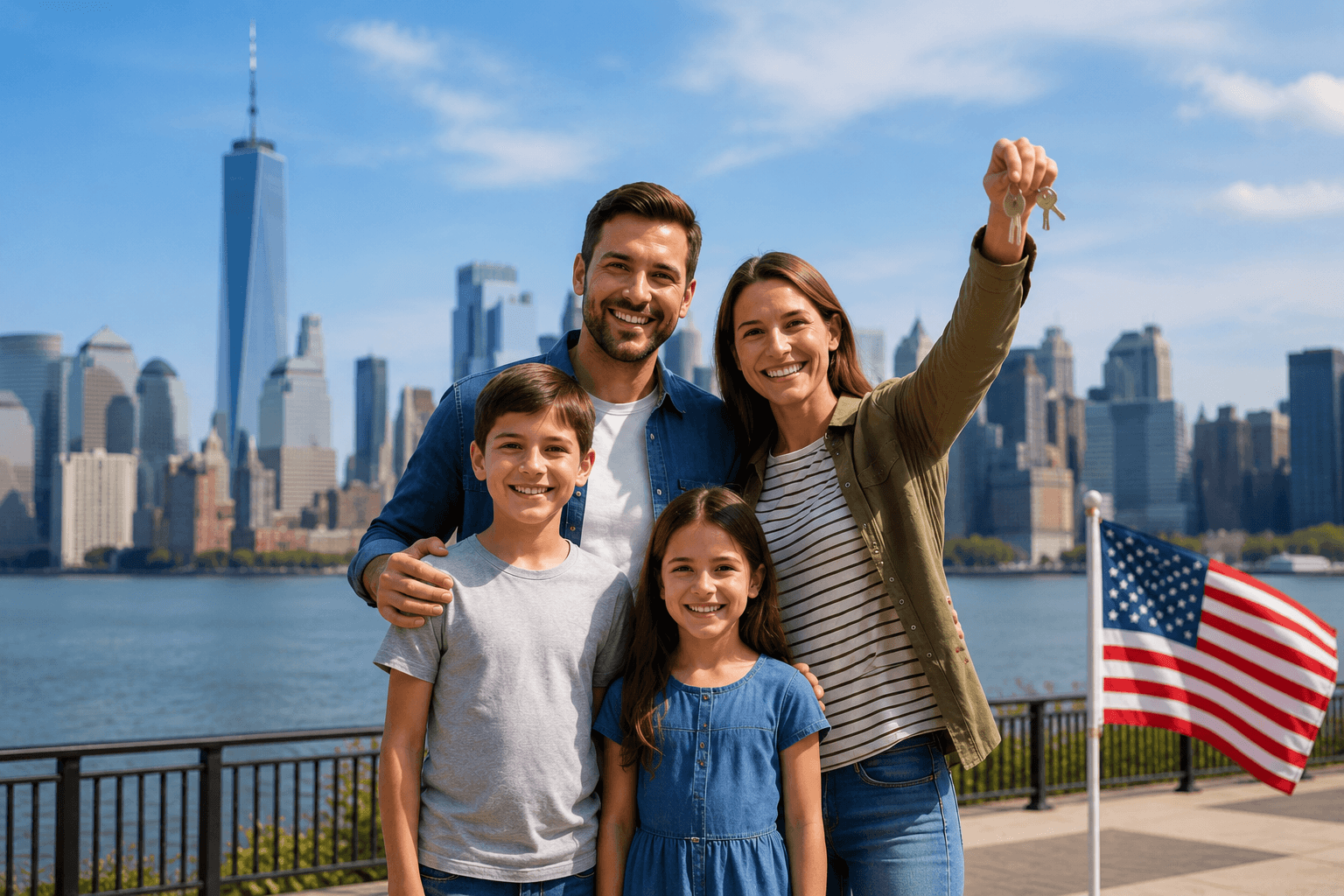 Family holding keys against the New York skyline and the US flag — moving to the US legally